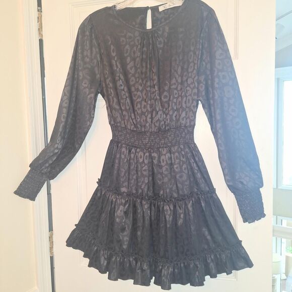Goth Women's Black Ruffled Dress Lyn Burches Smoked Leopard Print S - Picture 1 of 8
